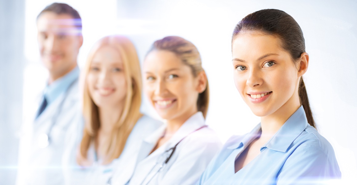 female doctor in front of medical group